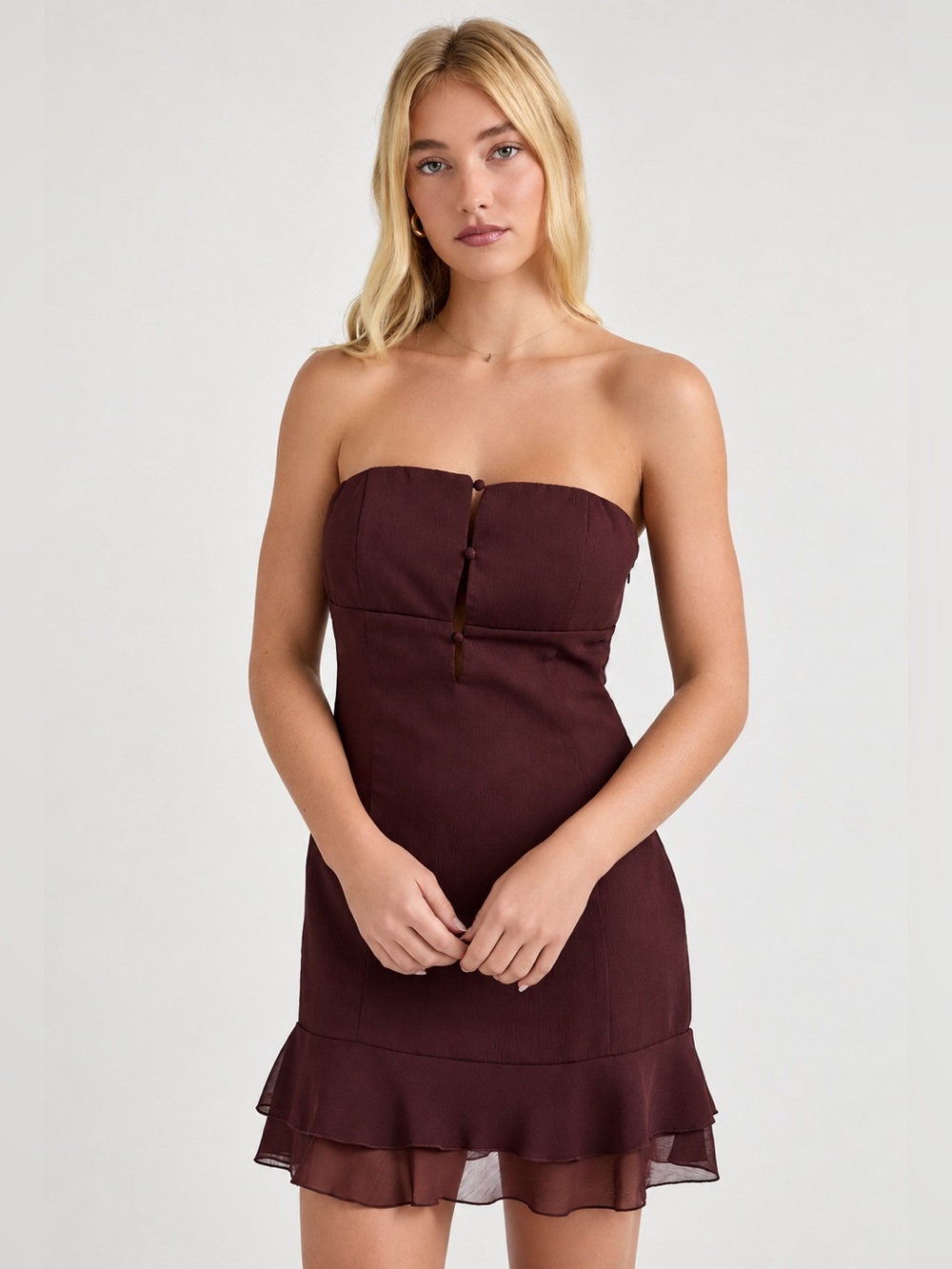 Le Lis Chocolate Brown Strapless Ruffle Hem Mini Party Dress NWT